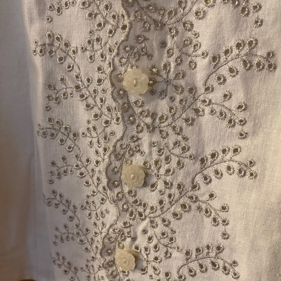 SUSAN GRAVER STYLE White Silver Metallic Eyelet Jacket Blazer Linen Blend Medium - Picture 2 of 8